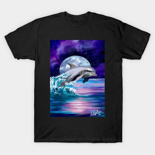 Dolphins Under A Moonlit Sky T-Shirt by Artbythree